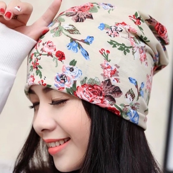 Accessories - Beige Floral Ponytail Beanie
